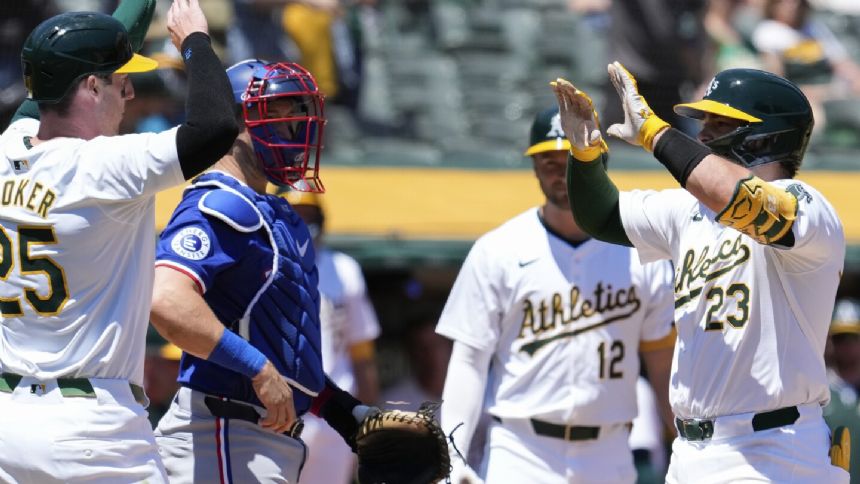 Shea Langeliers drives in career-high five runs, A's beat Rangers 9-4 in Game 1 of doubleheader