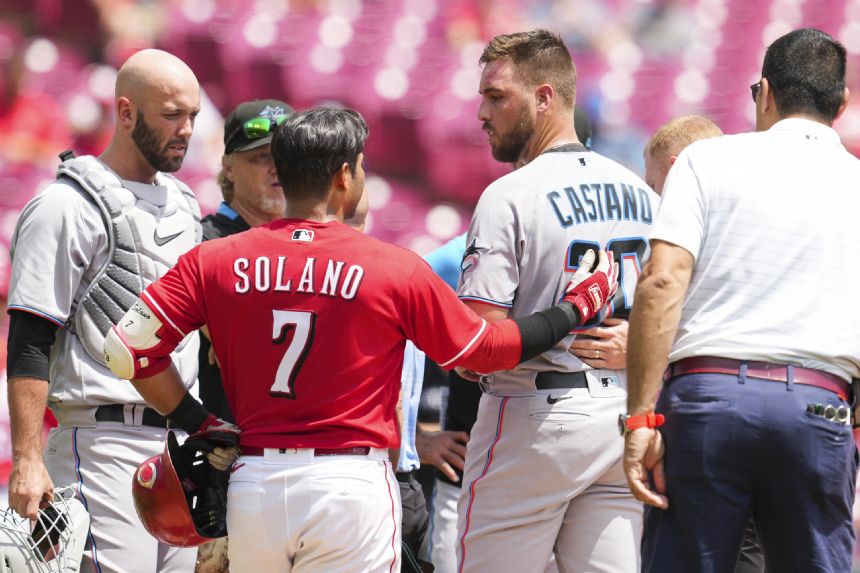Castano hit on head by 104 mph liner, Marlins beat Reds 7-6