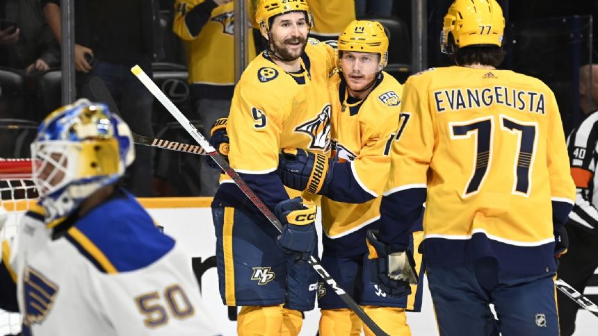 Forsberg has 2 goals and an assist to lead Predators over Blues, 6-3