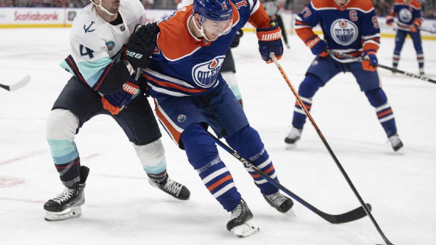 Kane completes 7th career hat trick in OT to lift Oilers past Kraken 4-3