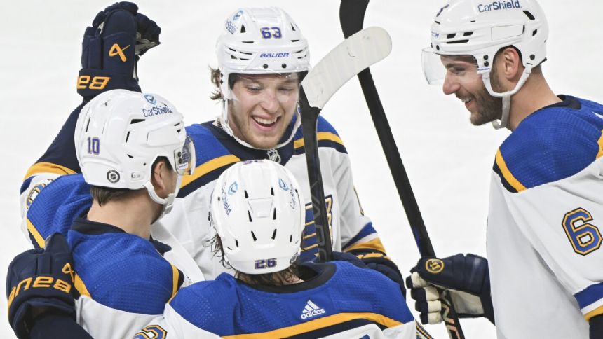 Kyrou scores twice, Krug has 5 assists as Blues surge past Canadiens 7-2