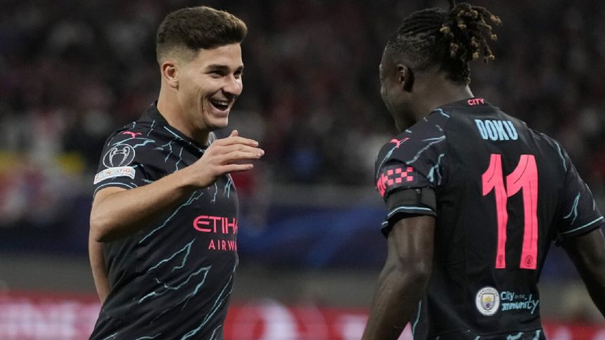 Man City substitutes Alvarez, Doku combine for late goals in 3-1 win at Leipzig in Champions League