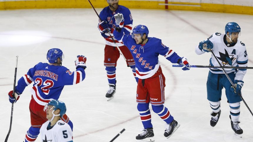 Panarin has hat trick as Rangers hold on to beat Sharks 6-5