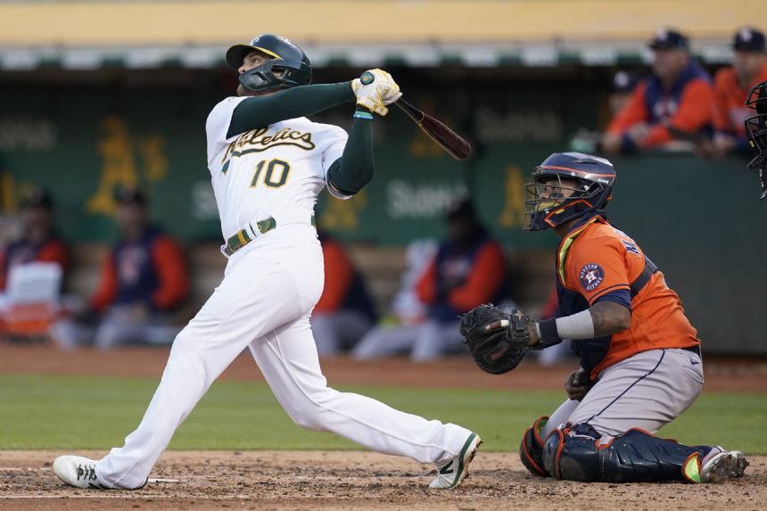 Pinder slam lifts A's, trade target Montas over Astros 5-3