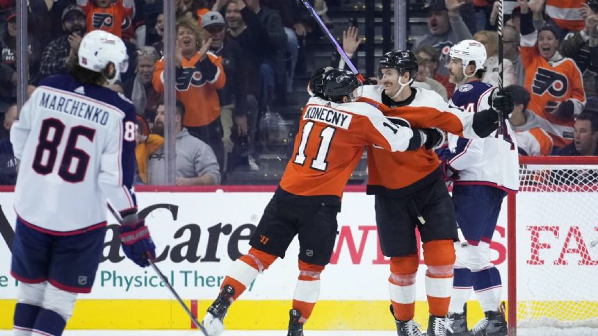 Ryan Poehling's 3-point game helps Flyers top slumping Blue Jackets 5-2 for 5th straight victory