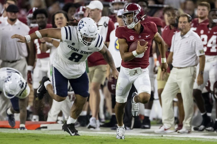 Young gets 6 TDs, No. 1 Alabama routs Utah State 55-0